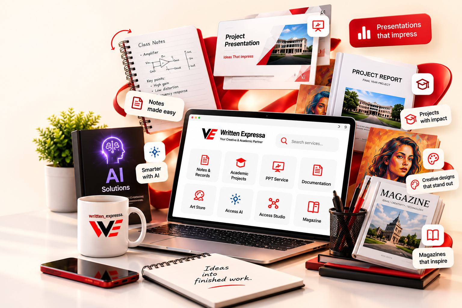 Written Expressa creative workspace with projects, notes, and digital ideas